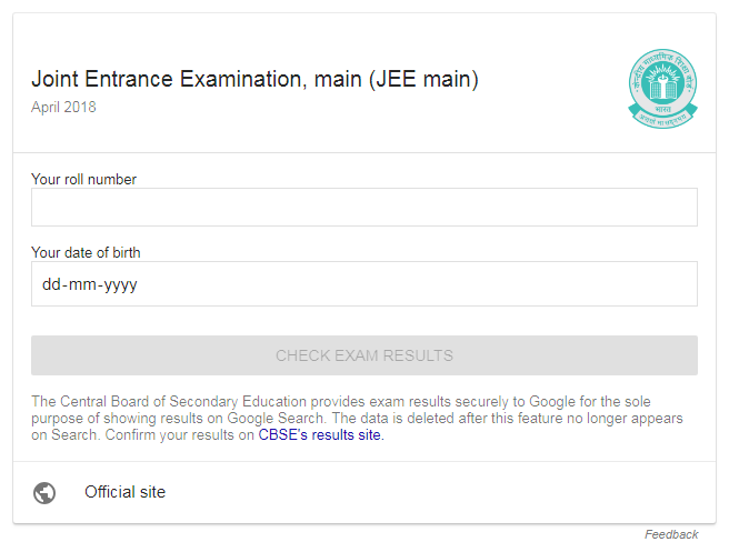 Screenshot of JEE Result Panel Which is present on Google Search Result