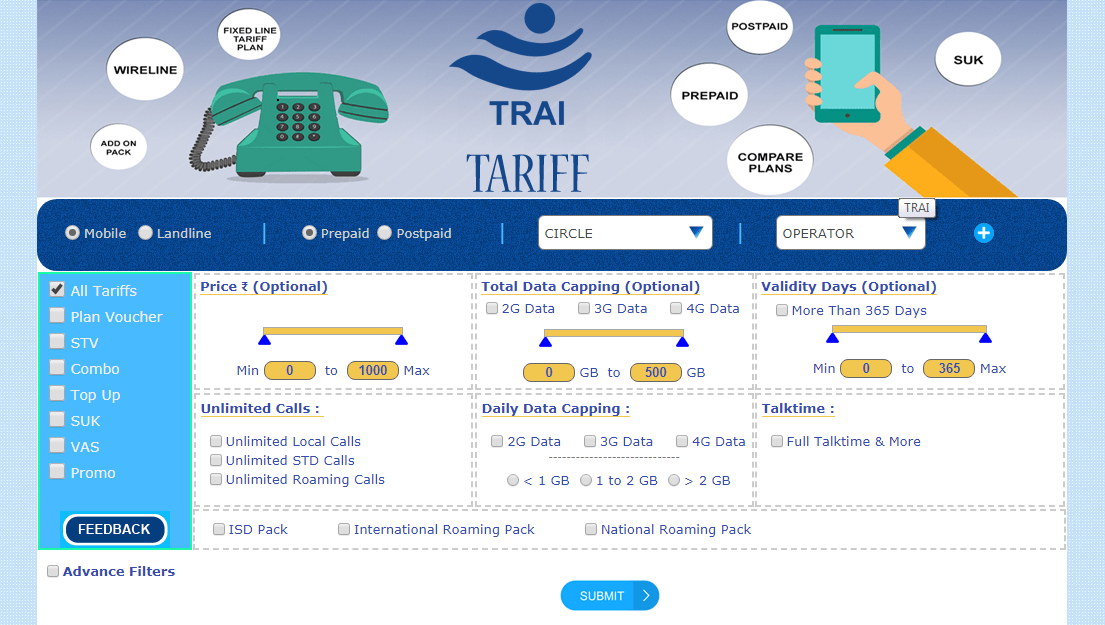How to compare different Recharge Plans on TRAI Tariff Website