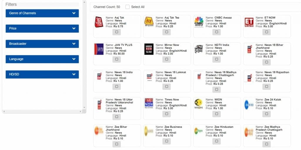 TRAI Channels Selector Application Channels List
