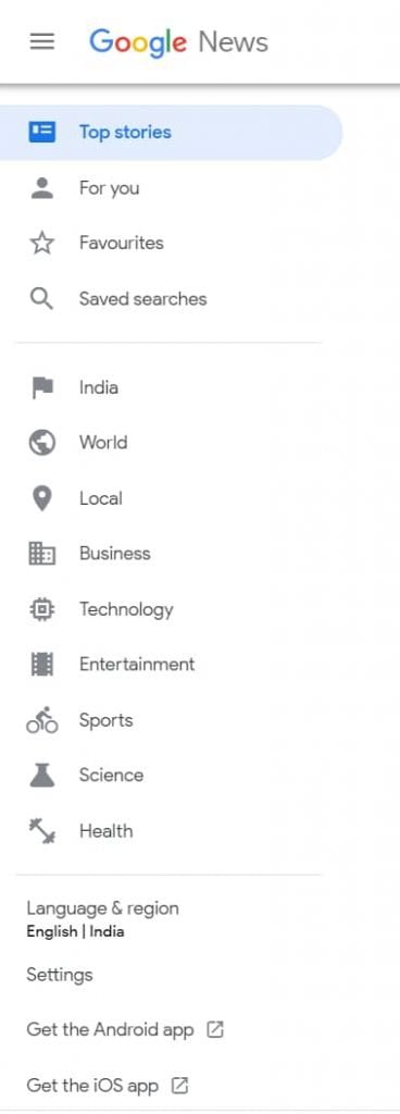 Google News Major Sections