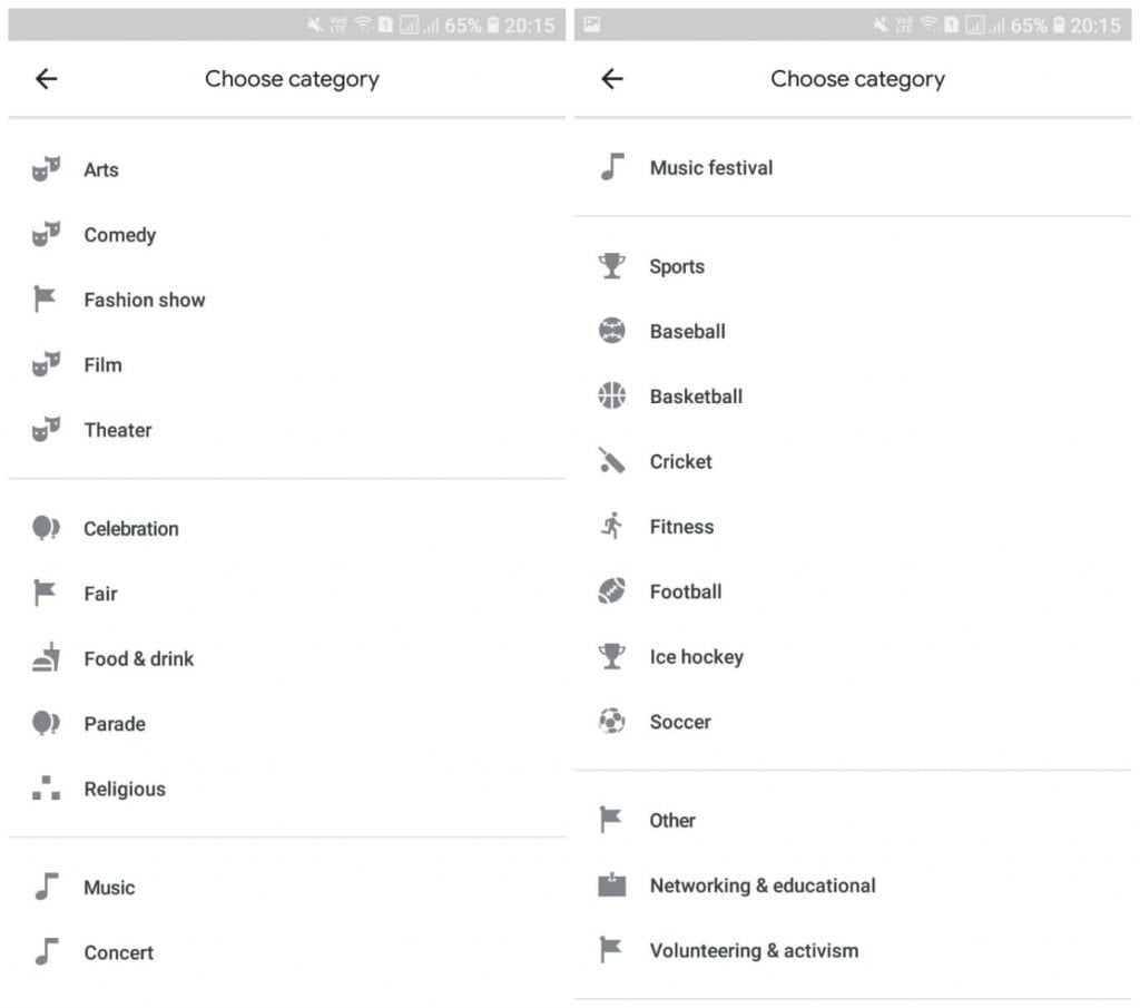 Google Map Event Categories List