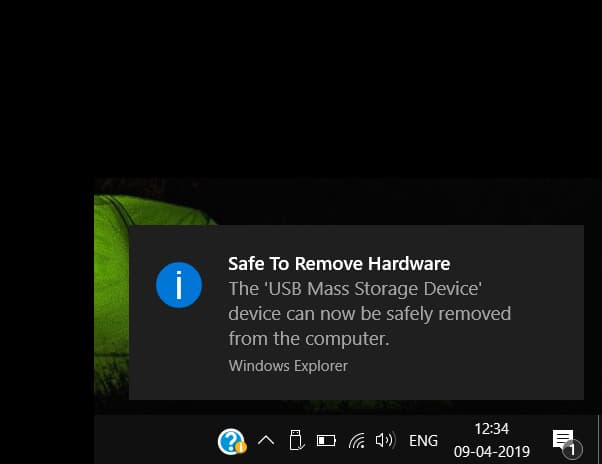 Safe to Remove Hardware Notification Windows 10
