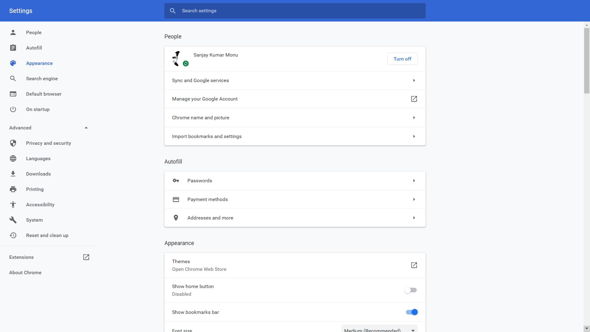 chrome 76 settings page
