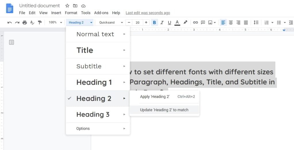 Change Google Docs Default Heading 2 Font