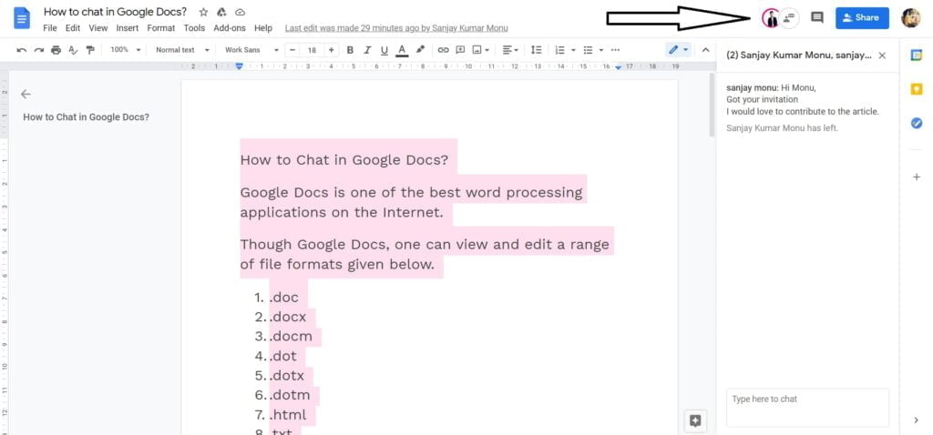 how to chat in google docs