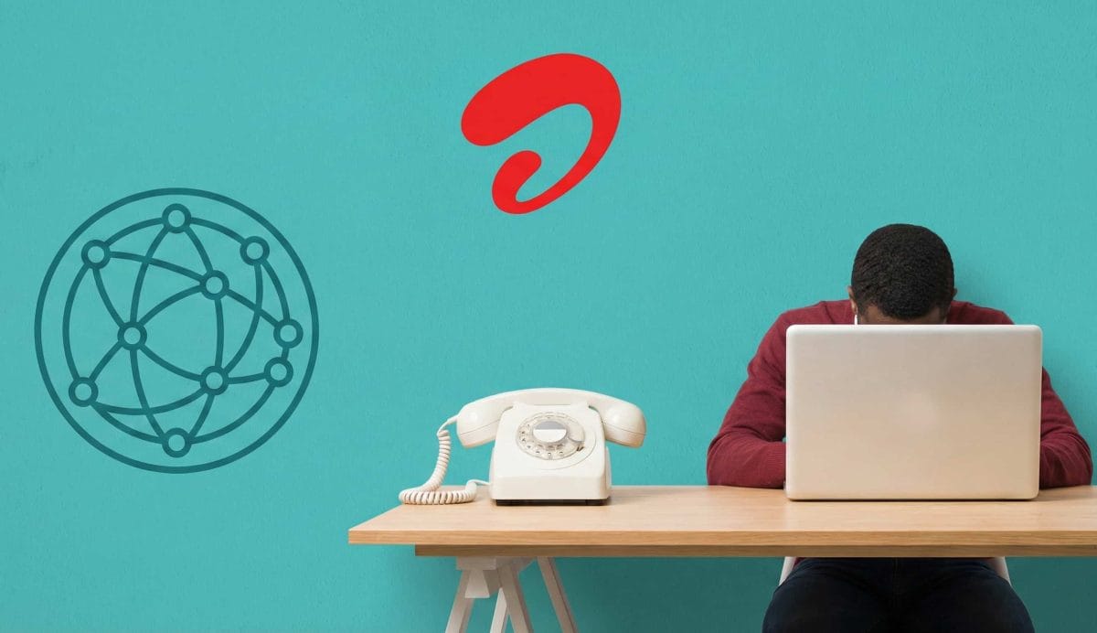 Horizontal poster illustration featuring the Airtel logo, Xstream Fiber city infrastructure, WiFi signals, and a customer support agent icon on a teal background.