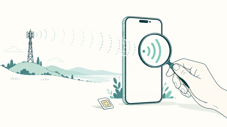 Teal line art of a hand checking a phone's radio signal with a magnifying glass, a cellular mast and a generic SIM