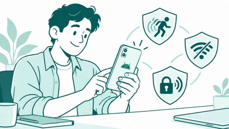 An Android owner holds a phone beside three shields for motion detection, offline locking and remote locking