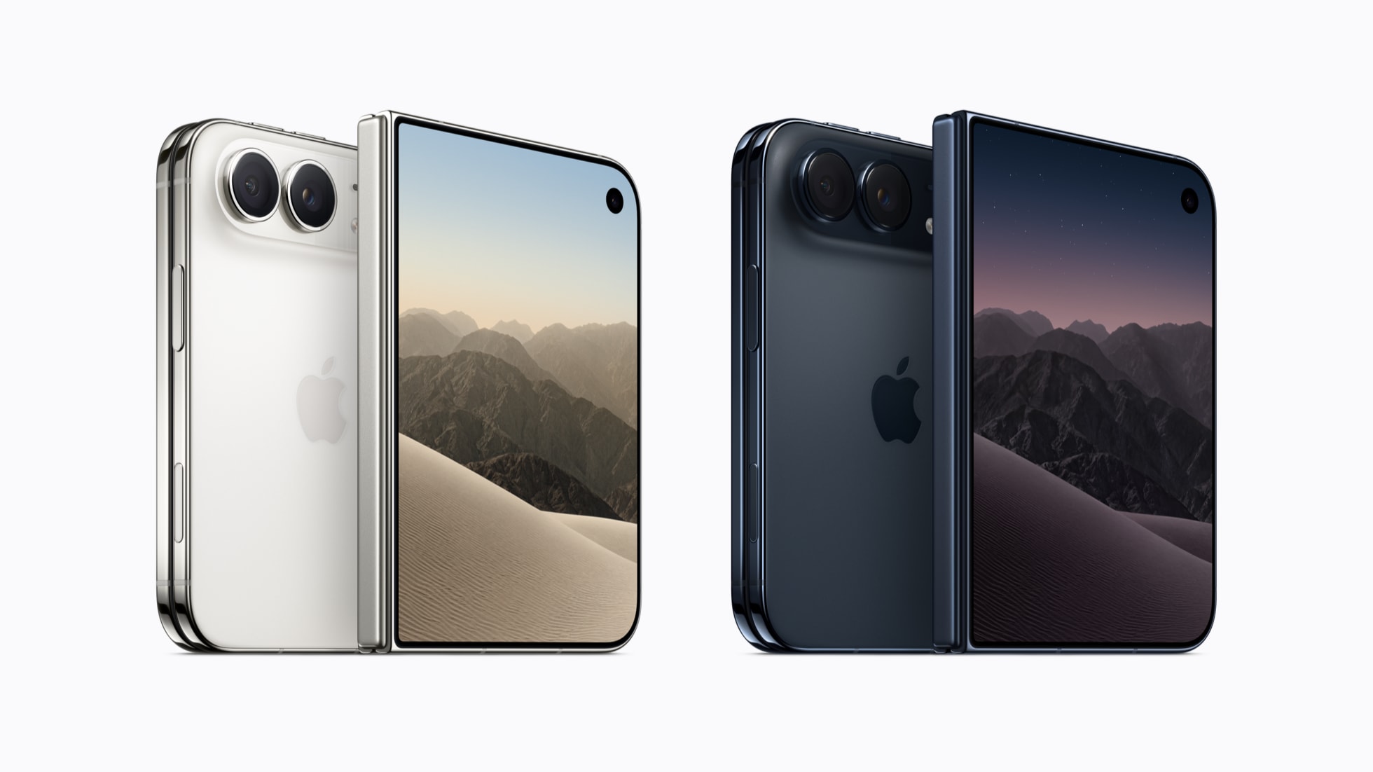 Apple iPhone Duo in Star White and Night Sky, with front and rear views of the folding design.