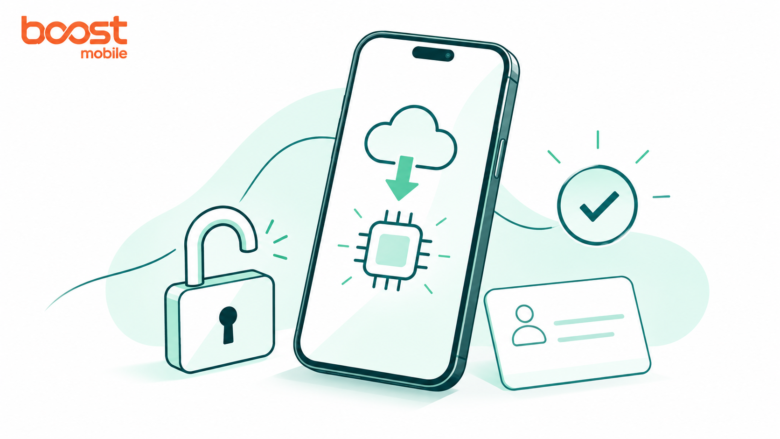 Teal line art of a phone downloading an embedded SIM profile beside an open lock, with the Boost Mobile logo.