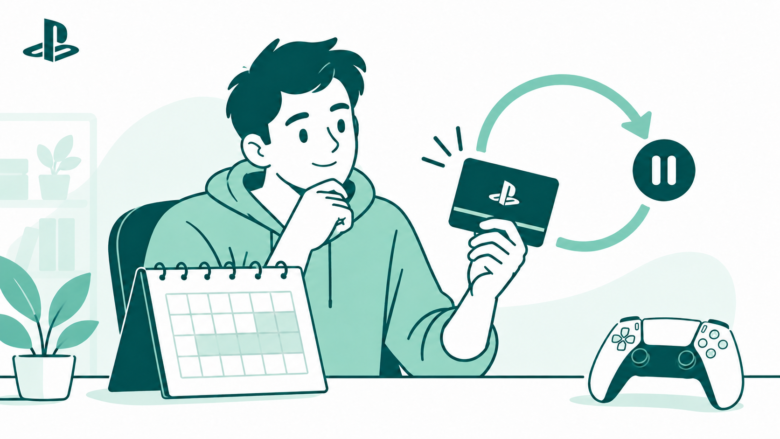 Teal line art of a gamer reviewing a blank calendar and membership card with a paused renewal arrow beside a controller.