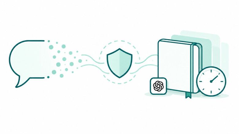 Dissolving speech bubble beside a shield, notebook and clock with a small black OpenAI blossom