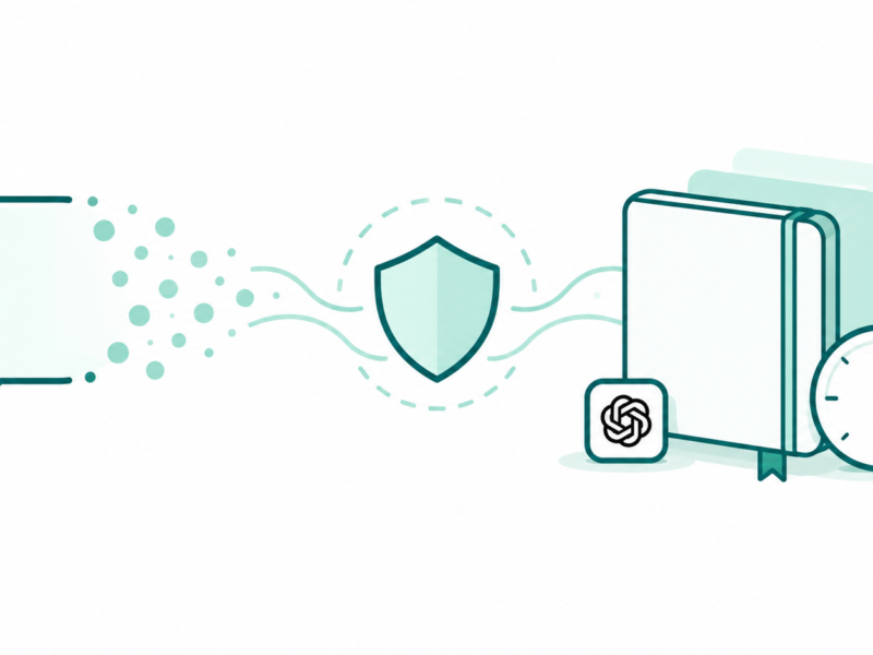 Dissolving speech bubble beside a shield, notebook and clock with a small black OpenAI blossom