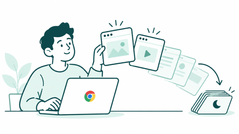 A Chrome user keeps important tab cards upright while unused cards rest in a neat stack beside a laptop