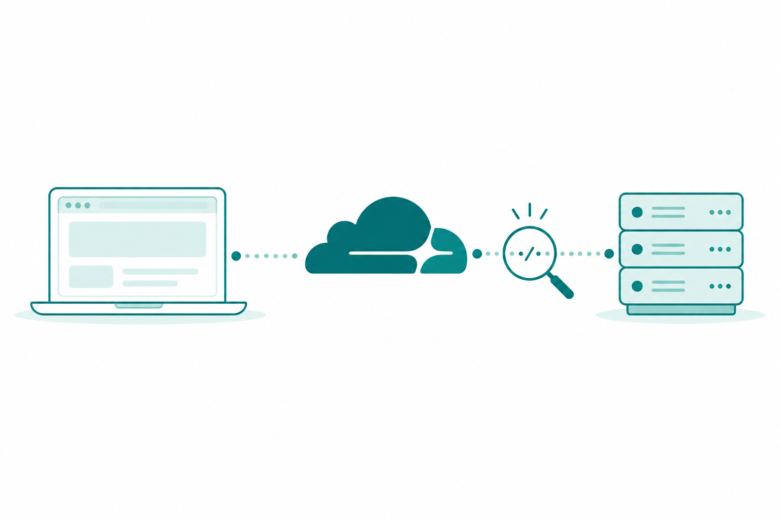 Teal line art for a Cloudflare outage check, linking a laptop, the official cloud symbol and a server with a magnifying glass