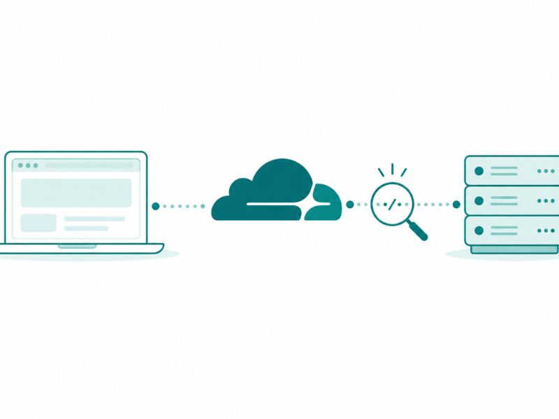 Teal line art for a Cloudflare outage check, linking a laptop, the official cloud symbol and a server with a magnifying glass