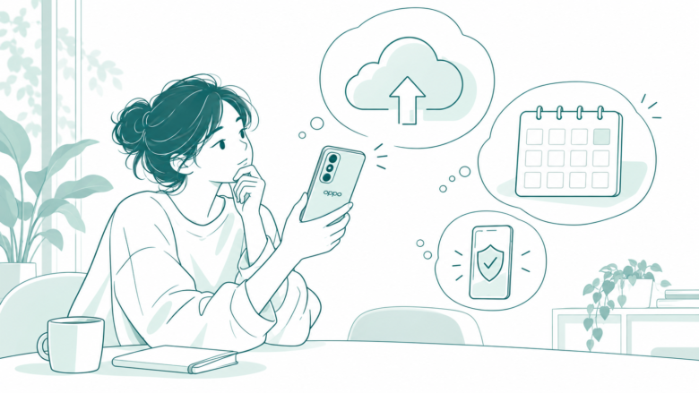 Teal line art of an OPPO phone owner comparing an update arrow, calendar and device shield