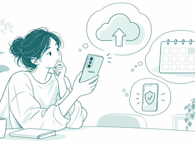 Teal line art of an OPPO phone owner comparing an update arrow, calendar and device shield