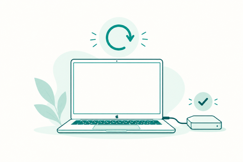 Teal line art of a MacBook, reset arrow, and external backup drive with a check mark