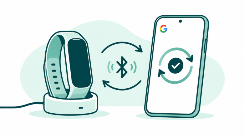 Teal line art of a wrist tracker on its charger syncing with a phone, with a Bluetooth symbol and small Google logo.