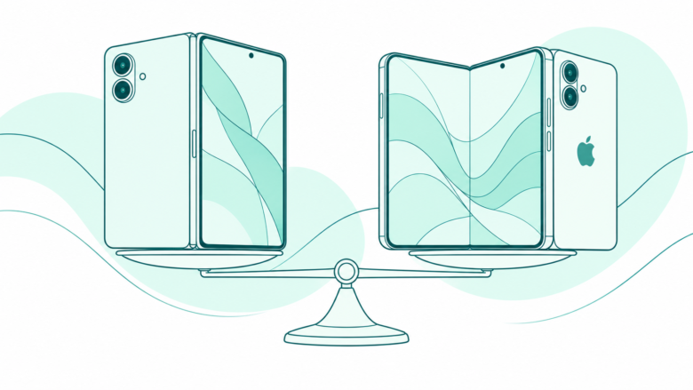 Conceptual teal line art for Galaxy Z Fold8 vs iPhone Duo, showing two folding phones on a balance scale.