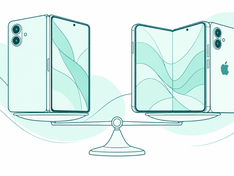 Conceptual teal line art for Galaxy Z Fold8 vs iPhone Duo, showing two folding phones on a balance scale.
