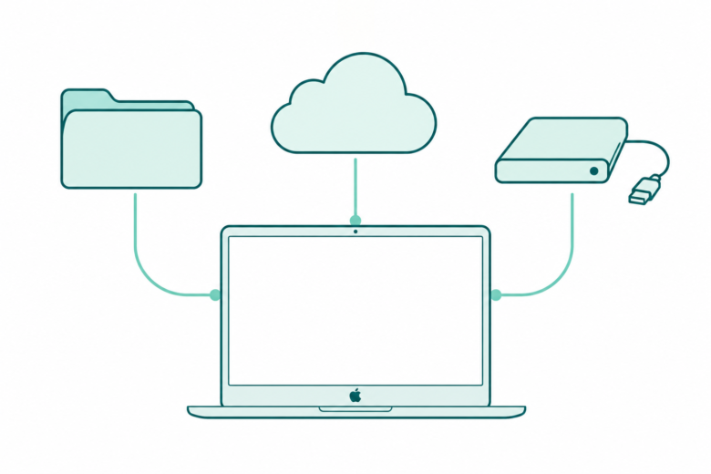 Original teal line art of a laptop linked to folder, cloud, and external drive symbols