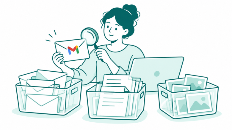 A Gmail user reviews a large envelope beside separate containers for mail, Drive documents and Photos