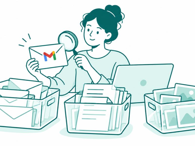 A Gmail user reviews a large envelope beside separate containers for mail, Drive documents and Photos