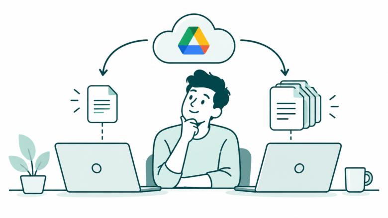 A Google Drive user compares a lightweight streamed file setup with a full local file stack on two laptops