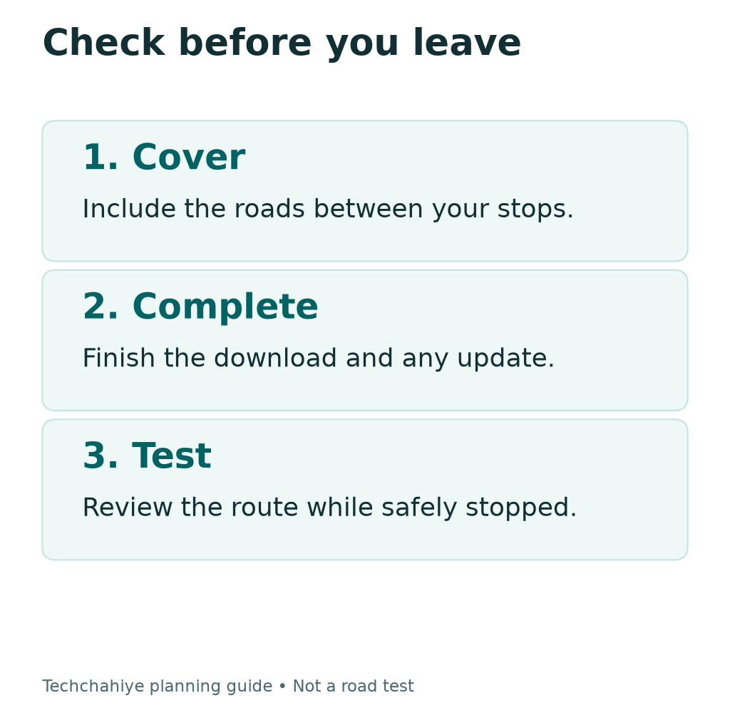 Three checks before a trip: cover the whole route, finish the map download, then test while safely stopped.