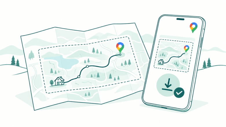 Line art of a phone and folded route map showing a locally downloaded driving area beside the Google Maps pin.