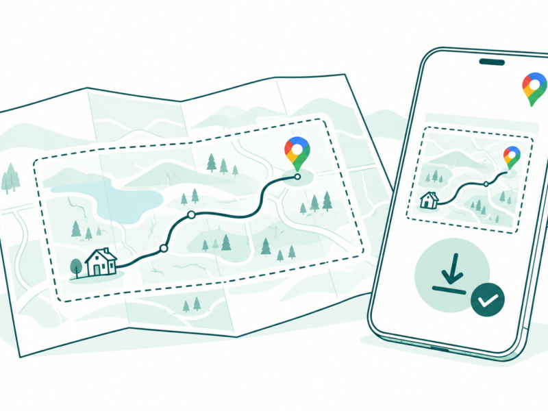 Line art of a phone and folded route map showing a locally downloaded driving area beside the Google Maps pin.