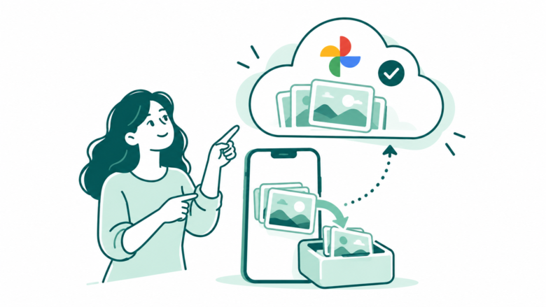 A phone releases local photo cards while matching photos stay in a cloud with the Google Photos pinwheel