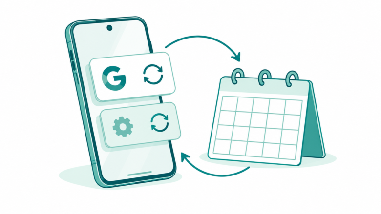 Teal line art of an Android phone with Google update tiles and a blank calendar for the Google Play system update date guide