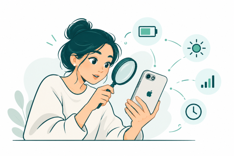 Teal line art of a reader examining an iPhone battery beside symbols for screen brightness, signal and time.