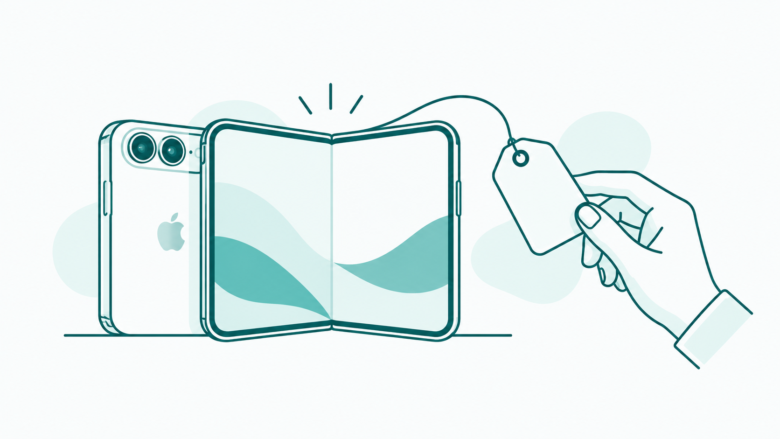 Teal line art of a foldable iPhone with the Apple logo and a hand holding a blank price tag.