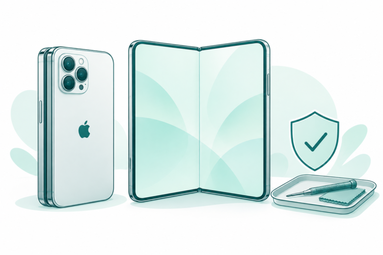 Conceptual teal line art for iPhone Duo screen repair, with open and closed foldable phones, Apple logo and service tools