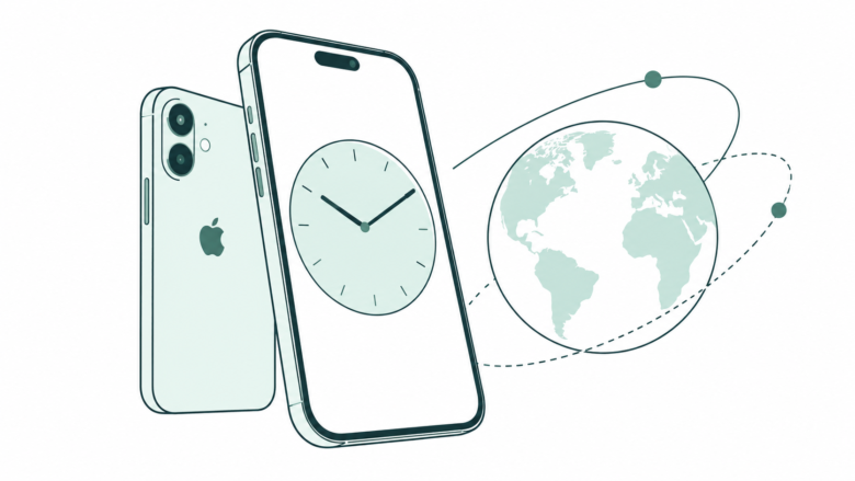 Teal line art of an iPhone clock beside a globe and time-zone arcs, with an Apple logo on a second phone.