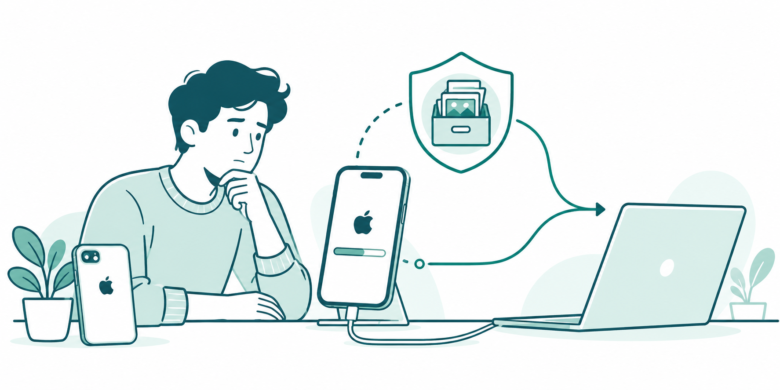 Teal line art of a reader checking an iPhone update beside a protected backup and a laptop.