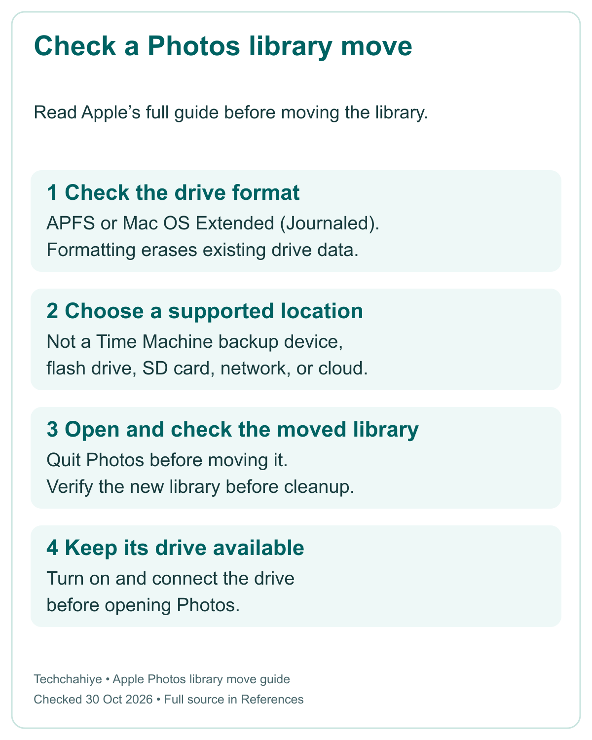 Photos library move checks: APFS or Mac OS Extended Journaled, avoid backup and flash or network devices, verify the moved library, keep its drive available