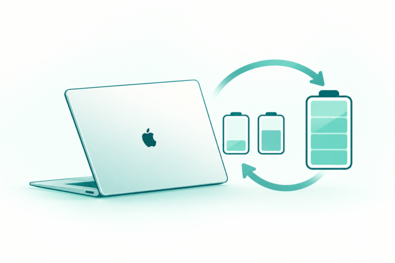 Teal line art of a MacBook, a battery, and a looping arrow that suggests repeated energy use