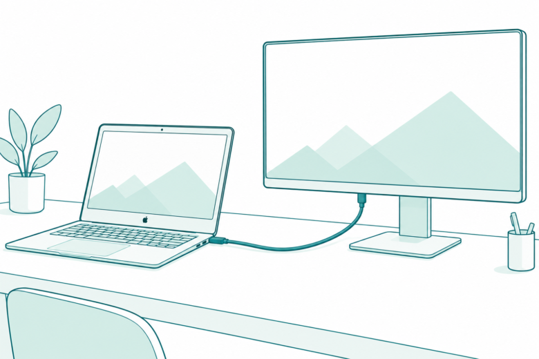 Original teal line art of a laptop connected by a video cable to a larger display on a desk