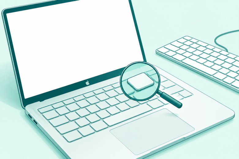 Teal line art of a MacBook keyboard under a magnifying glass, with a separate wired keyboard nearby