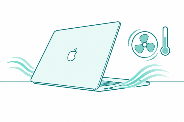 Original teal line art of a laptop on a desk with airflow curves, a fan symbol, and an ambient thermometer