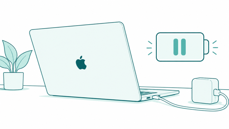 Teal line art of a MacBook Pro, charging cable and paused battery symbol