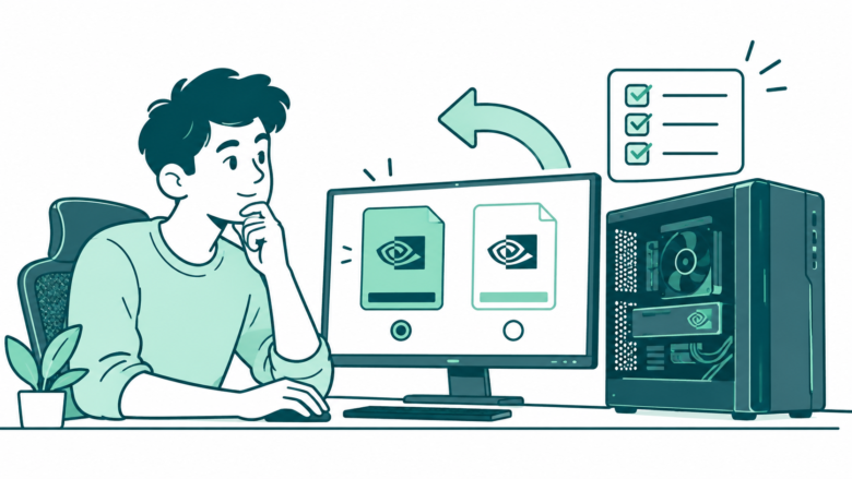 Teal line art of a PC user comparing driver packages beside a backward arrow and NVIDIA symbol.