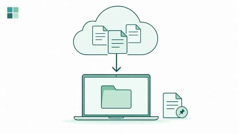 Teal line art of cloud files downloading to a laptop beside a pinned offline document, with the Microsoft four-square mark.