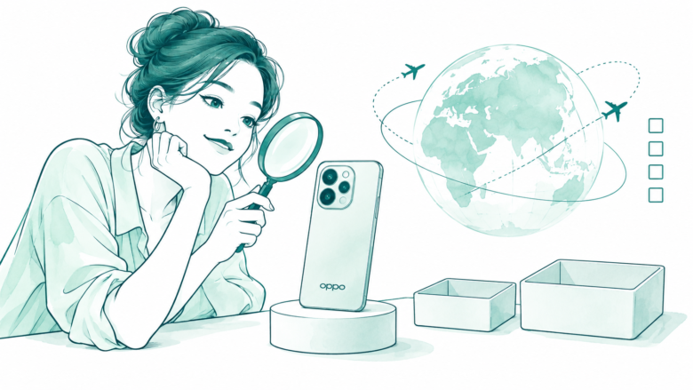 Teal conceptual line art of a shopper checking an OPPO camera phone beside storage trays, a globe and a checklist