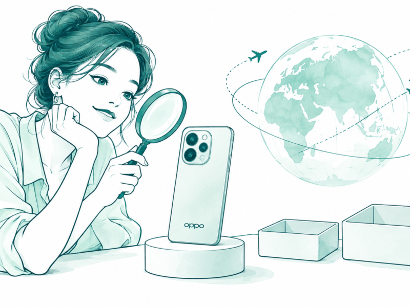 Teal conceptual line art of a shopper checking an OPPO camera phone beside storage trays, a globe and a checklist